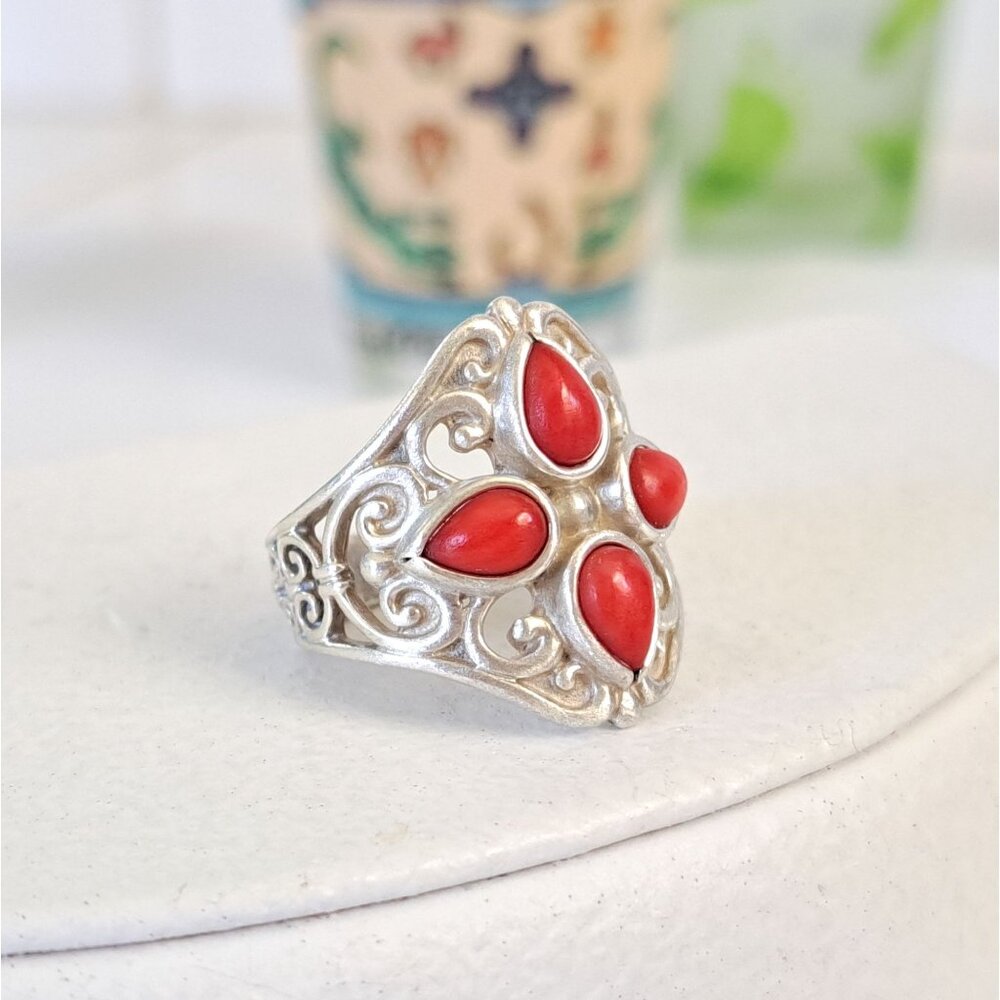 Vintage Coral Cluster Southwestern Filigree Sterling Ring by Artist Carolyn Poll - Picture 8 of 15